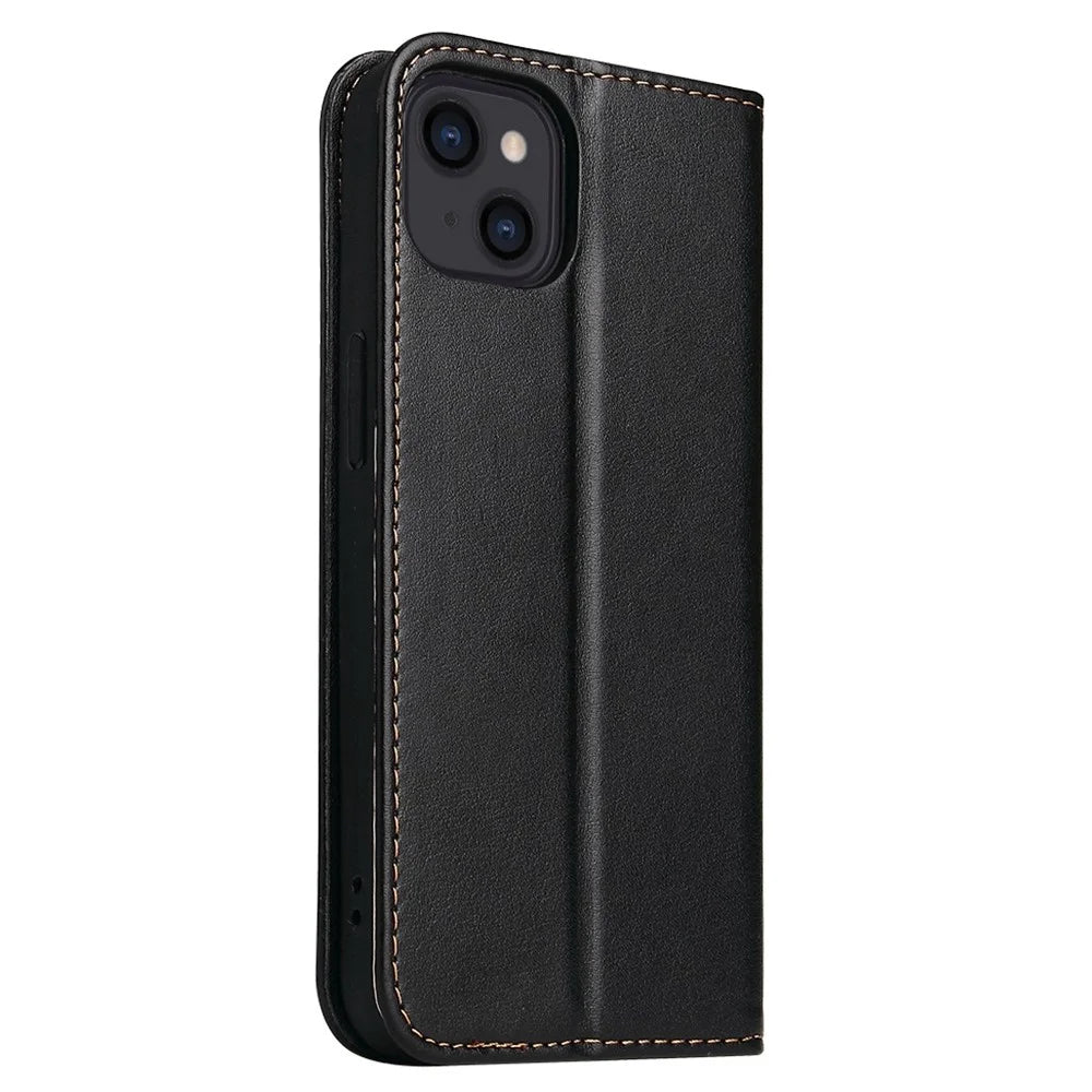 FIERRE SHANN for iPhone 14 Plus Anti-fall Phone Case Stand Auto-absorbed Magnetic Closure PU Leather Protective Phone Wallet Cover - Black - 6