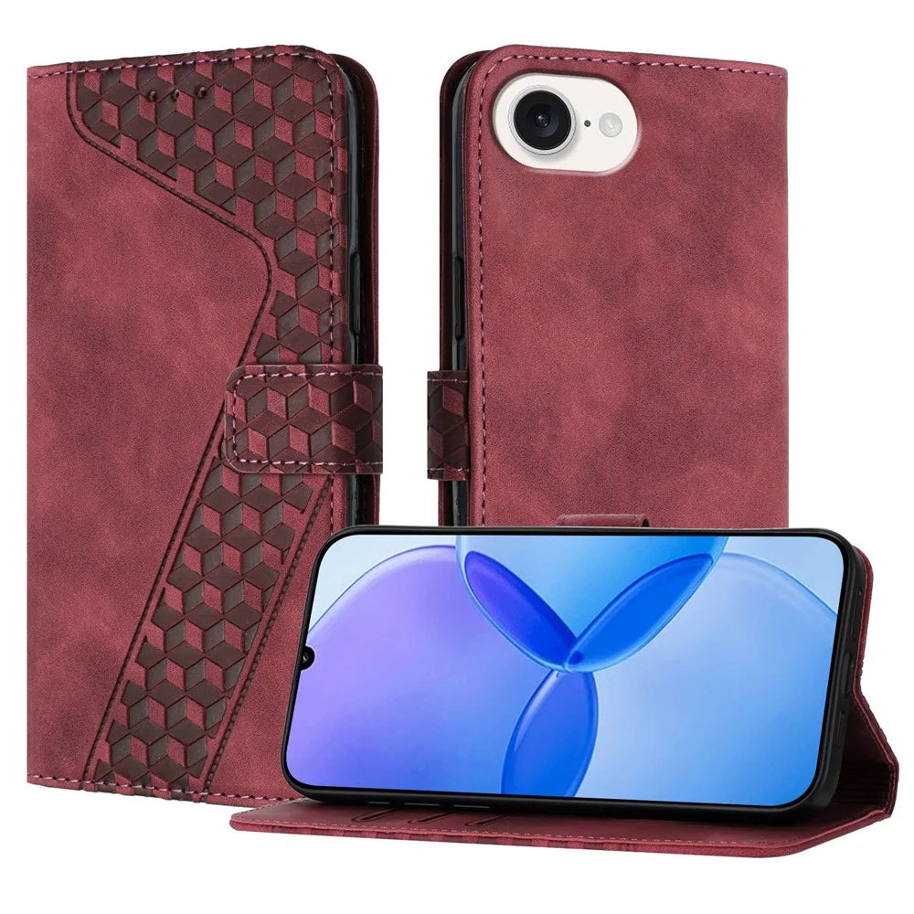 For iPhone 17e / 16e Leather Case 7-Shaped Pattern Wallet Stand Shockproof Phone Cover - Brown - 1