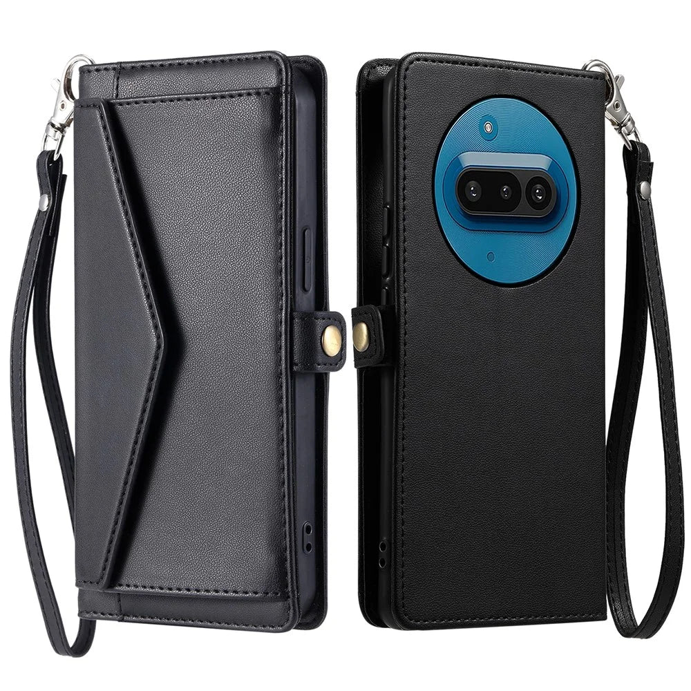 For Nothing Phone (3a) Leather Case with Wrist Strap Wallet Stand Phone Cover - Black - 1