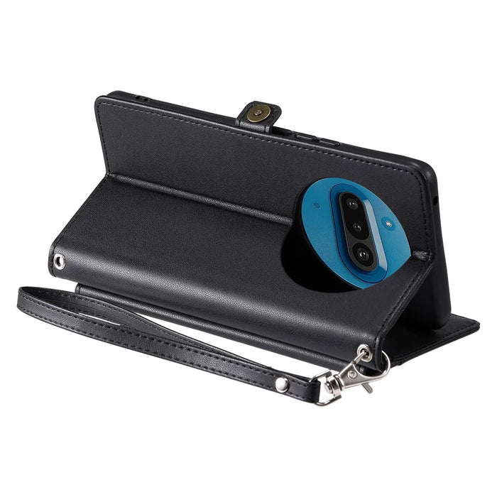 For Nothing Phone (3a) Leather Case with Wrist Strap Wallet Stand Phone Cover - Black - 4