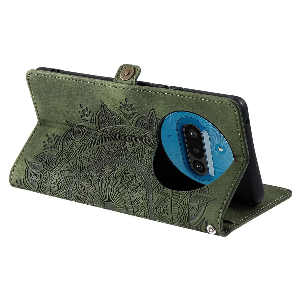 Style 016 For Nothing Phone (3a) Case Skin Feel Totem Imprinted Wallet Leather Phone Cover - Blackish Green - 4