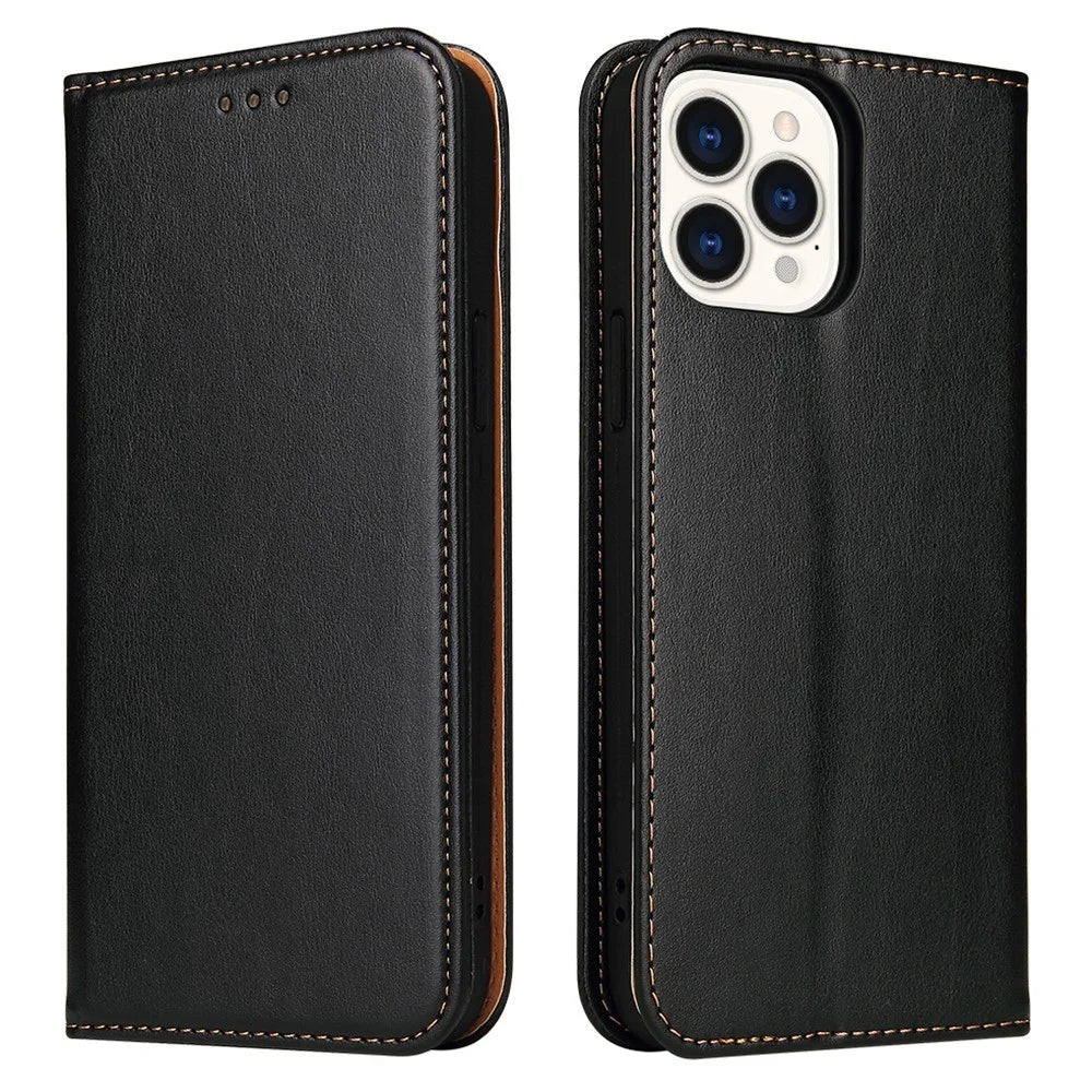 FIERRE SHANN for iPhone 14 Pro Max Cell Phone Case Stand Auto-absorbed Magnetic Closure Flip Wallet Cover PU Leather Phone Shell - Black - 1