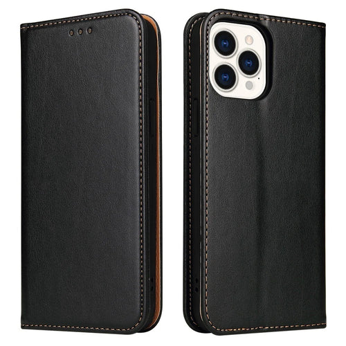 FIERRE SHANN for iPhone 14 Pro Max Cell Phone Case Stand Auto-absorbed Magnetic Closure Flip Wallet Cover PU Leather Phone Shell - Black - 1