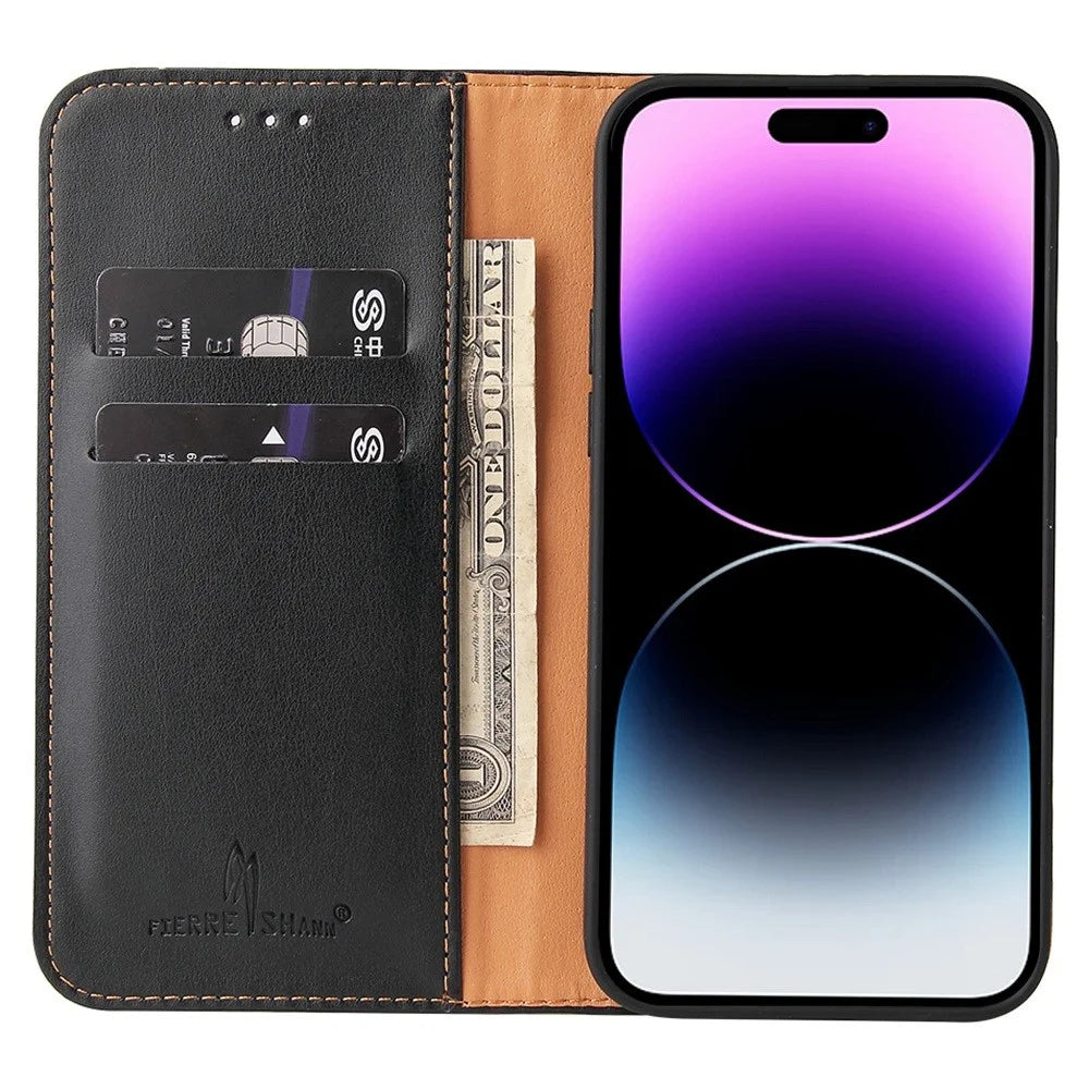 FIERRE SHANN for iPhone 14 Pro Max Cell Phone Case Stand Auto-absorbed Magnetic Closure Flip Wallet Cover PU Leather Phone Shell - Black - 2