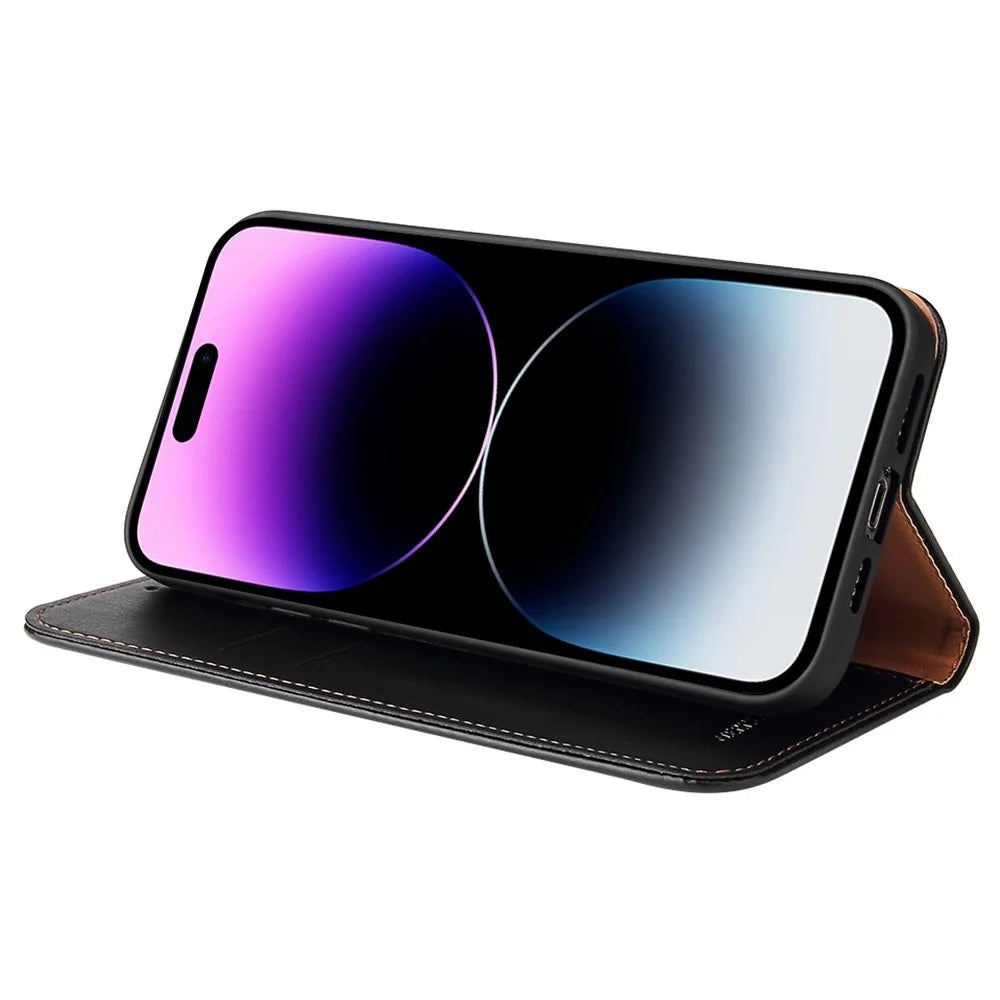 FIERRE SHANN for iPhone 14 Pro Max Cell Phone Case Stand Auto-absorbed Magnetic Closure Flip Wallet Cover PU Leather Phone Shell - Black - 3