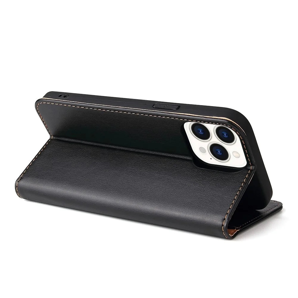 FIERRE SHANN for iPhone 14 Pro Max Cell Phone Case Stand Auto-absorbed Magnetic Closure Flip Wallet Cover PU Leather Phone Shell - Black - 4