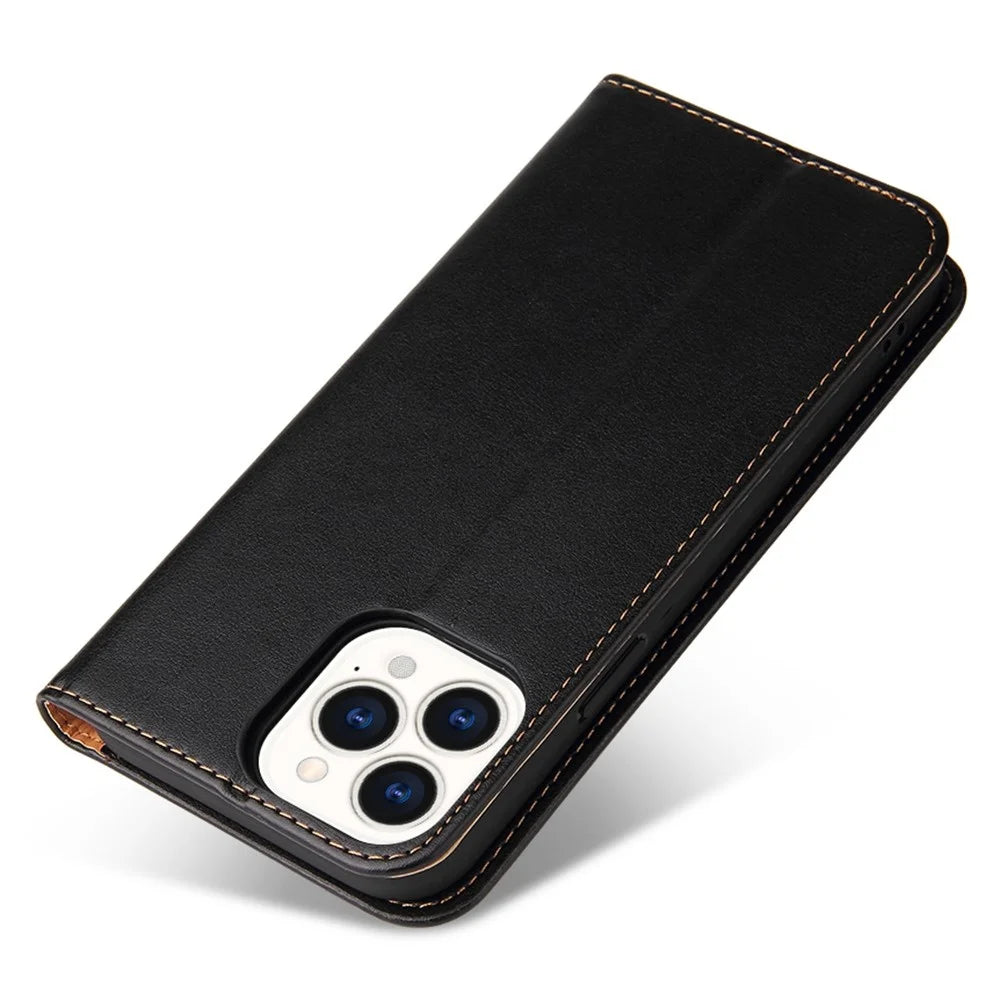 FIERRE SHANN for iPhone 14 Pro Max Cell Phone Case Stand Auto-absorbed Magnetic Closure Flip Wallet Cover PU Leather Phone Shell - Black - 5
