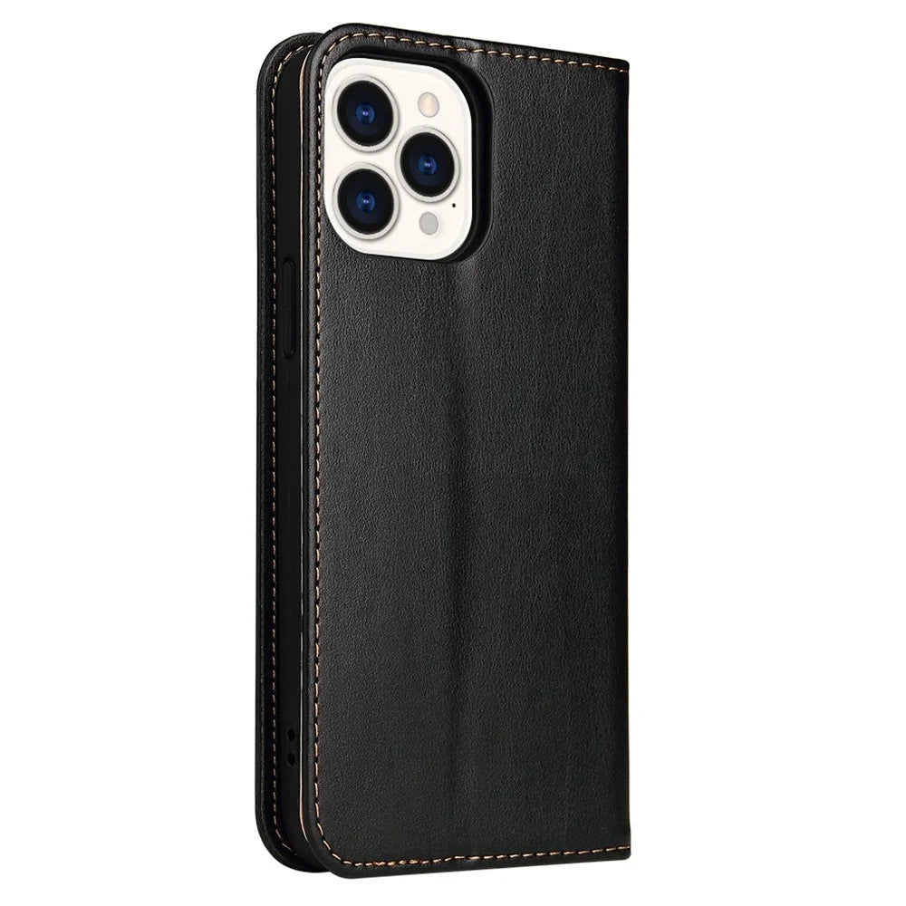 FIERRE SHANN for iPhone 14 Pro Max Cell Phone Case Stand Auto-absorbed Magnetic Closure Flip Wallet Cover PU Leather Phone Shell - Black - 7