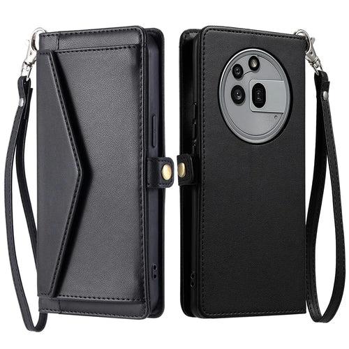 For Nothing Phone (3a) Pro Leather Case with Wrist Strap Wallet Stand Phone Cover - Black - 1