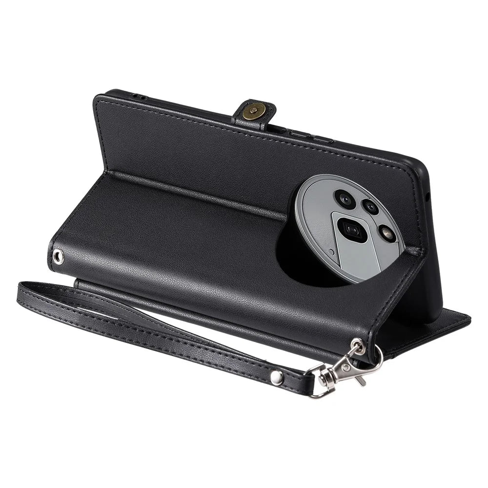 For Nothing Phone (3a) Pro Leather Case with Wrist Strap Wallet Stand Phone Cover - Black - 4