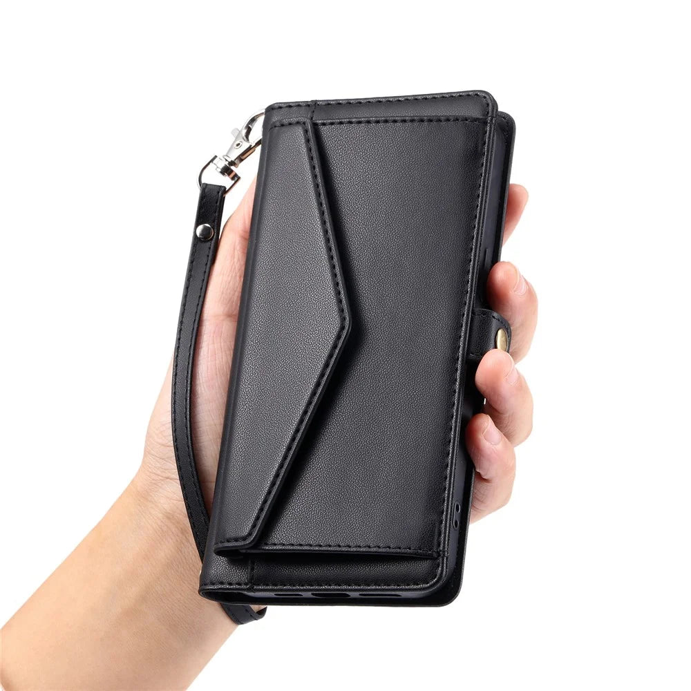 For Nothing Phone (3a) Pro Leather Case with Wrist Strap Wallet Stand Phone Cover - Black - 6