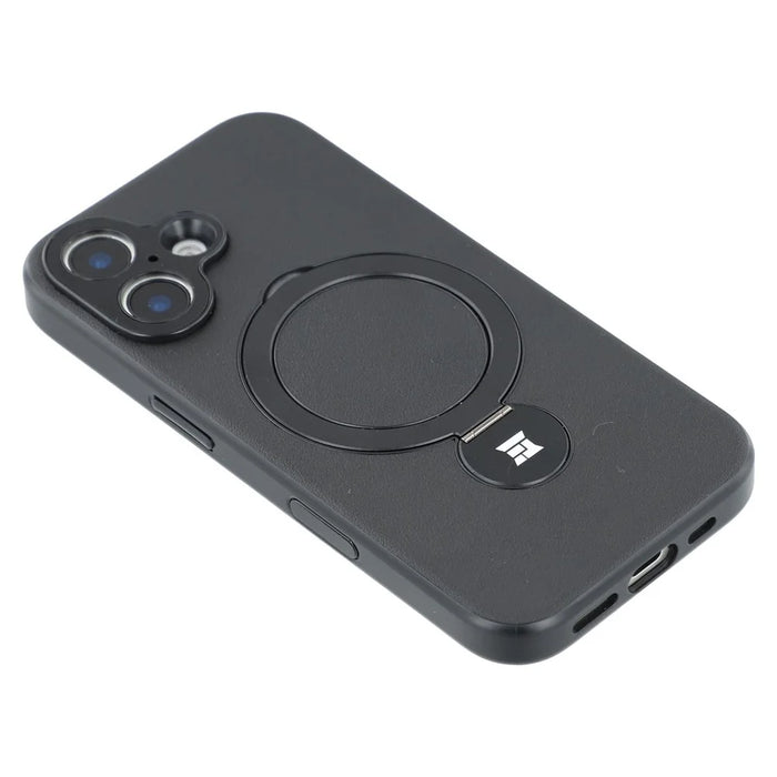 For iPhone 16 Case Kickstand TPU PC Leather Phone Back Cover with AI Button - Black - 7
