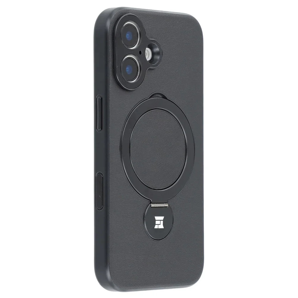 For iPhone 16 Plus Case Kickstand TPU PC Leather Phone Back Cover with AI Button - Black - 1