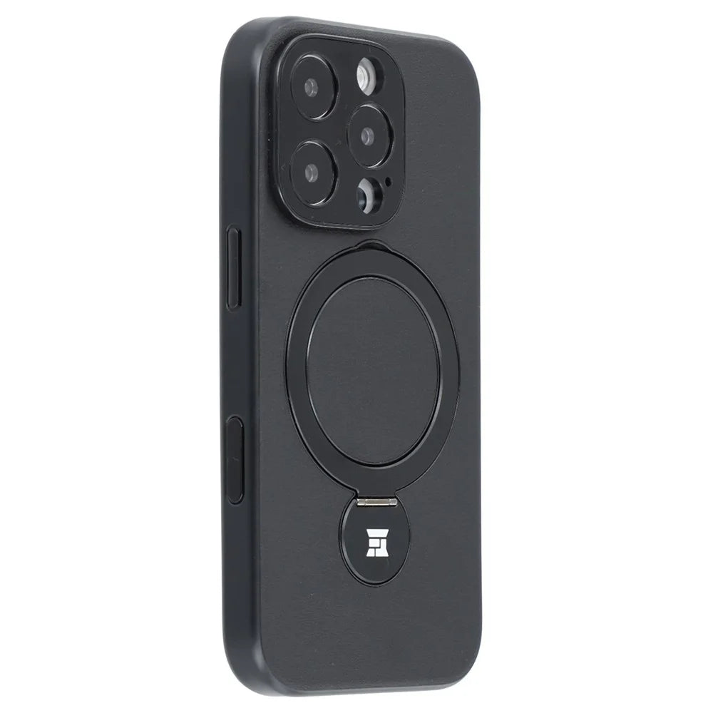 For iPhone 16 Pro Max Case Kickstand TPU PC Leather Phone Back Cover with AI Button - Black - 1