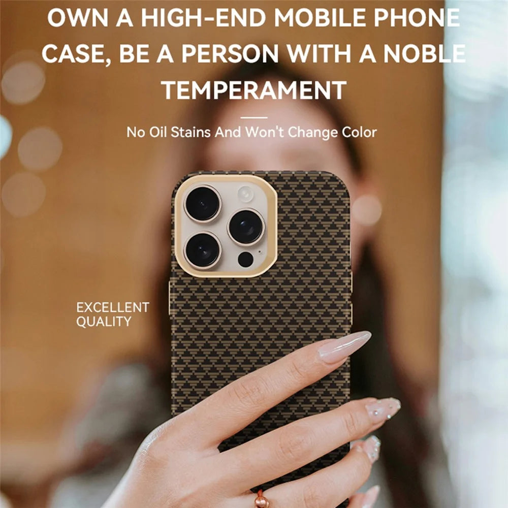 GKK BTGD For iPhone 16 Pro Case Woven Texture Compatible with MagSafe Metal + PC Phone Back Cover - Gold - 3