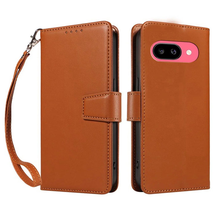 For Google Pixel 9a Case RFID Blocking Leather Wallet Flip Phone Cover with Wrist Strap - Light Brown - 1
