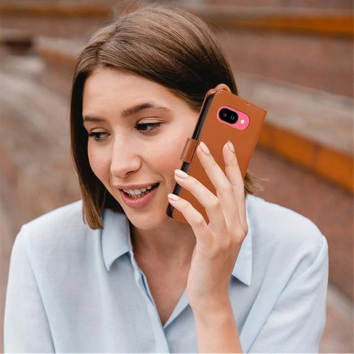 For Google Pixel 9a Case RFID Blocking Leather Wallet Flip Phone Cover with Wrist Strap - Light Brown - 5