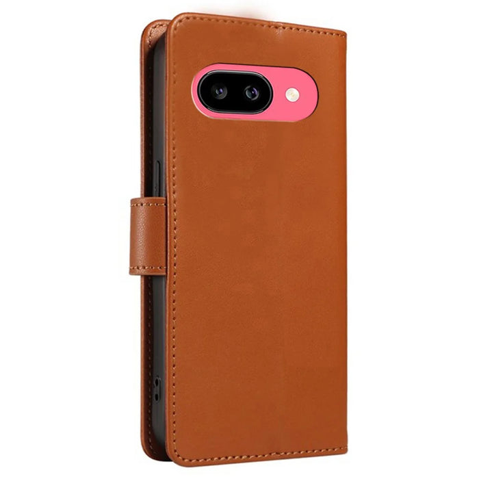 For Google Pixel 9a Case RFID Blocking Leather Wallet Flip Phone Cover with Wrist Strap - Light Brown - 6