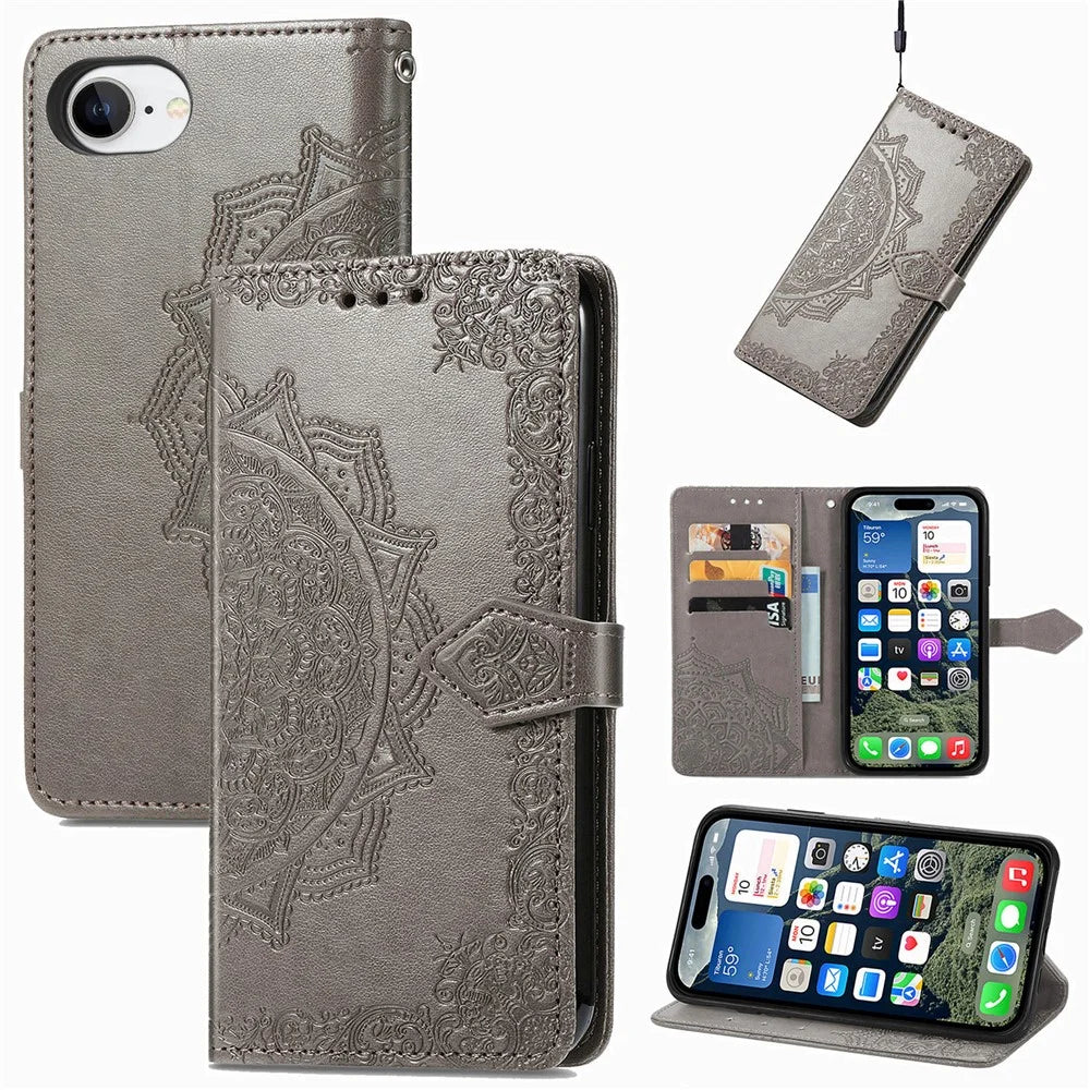 For Samsung Galaxy A26 5G Wallet Case Mandala Flower Leather Phone Cover Stand - Grey - 1