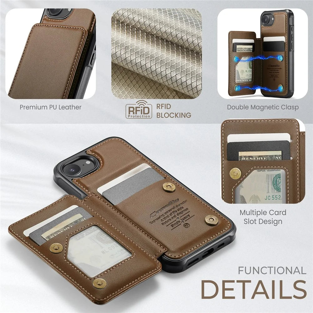 CASEME For iPhone 17e / 16e Phone Case  C22 Leather Back Cover with RFID Blocking Card Slots - Brown - 3