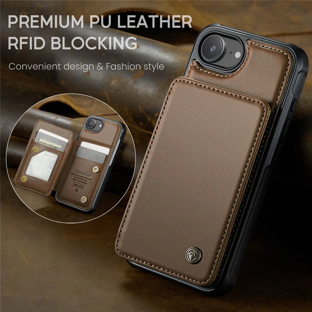 CASEME For iPhone 17e / 16e Phone Case  C22 Leather Back Cover with RFID Blocking Card Slots - Brown - 4