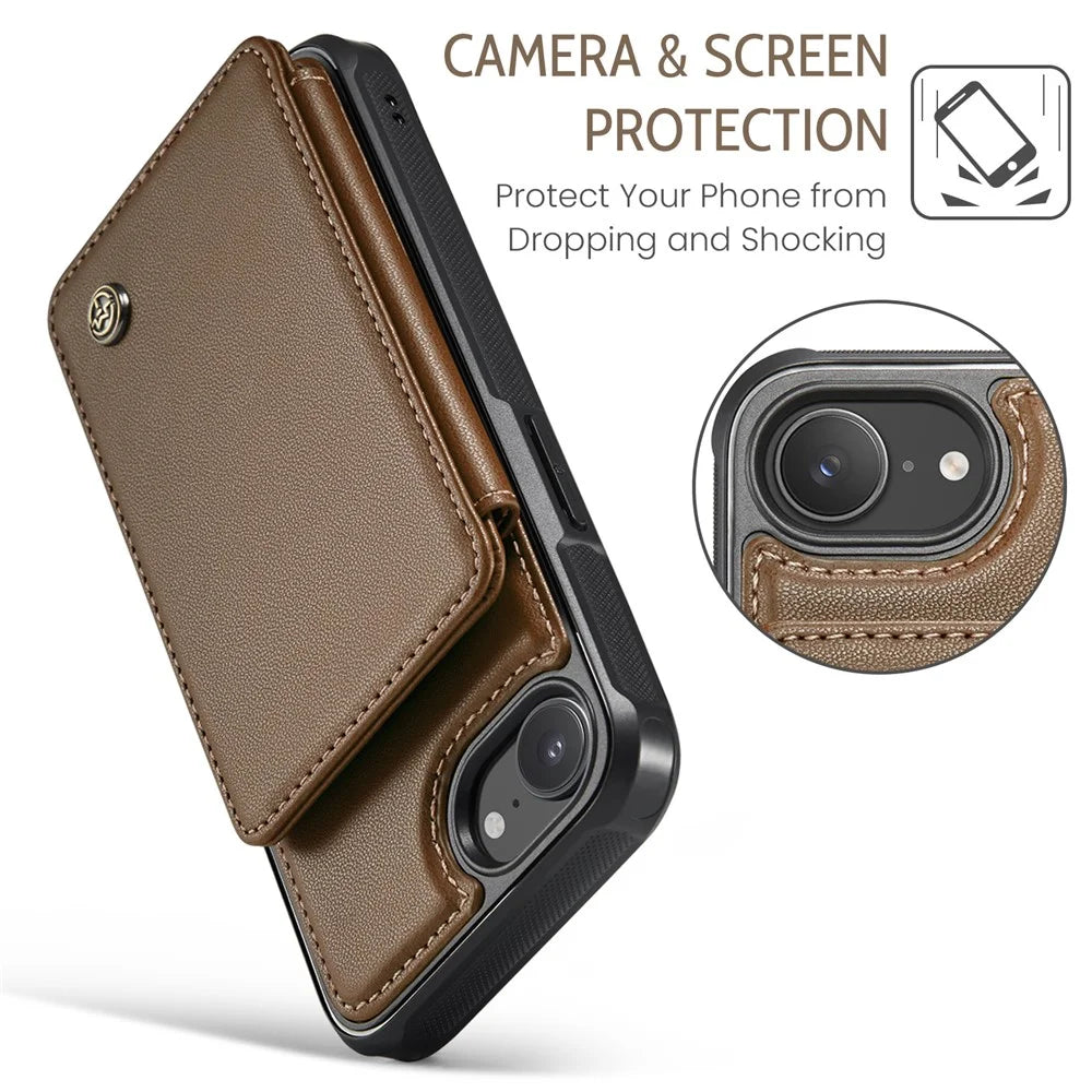 CASEME For iPhone 17e / 16e Phone Case  C22 Leather Back Cover with RFID Blocking Card Slots - Brown - 6