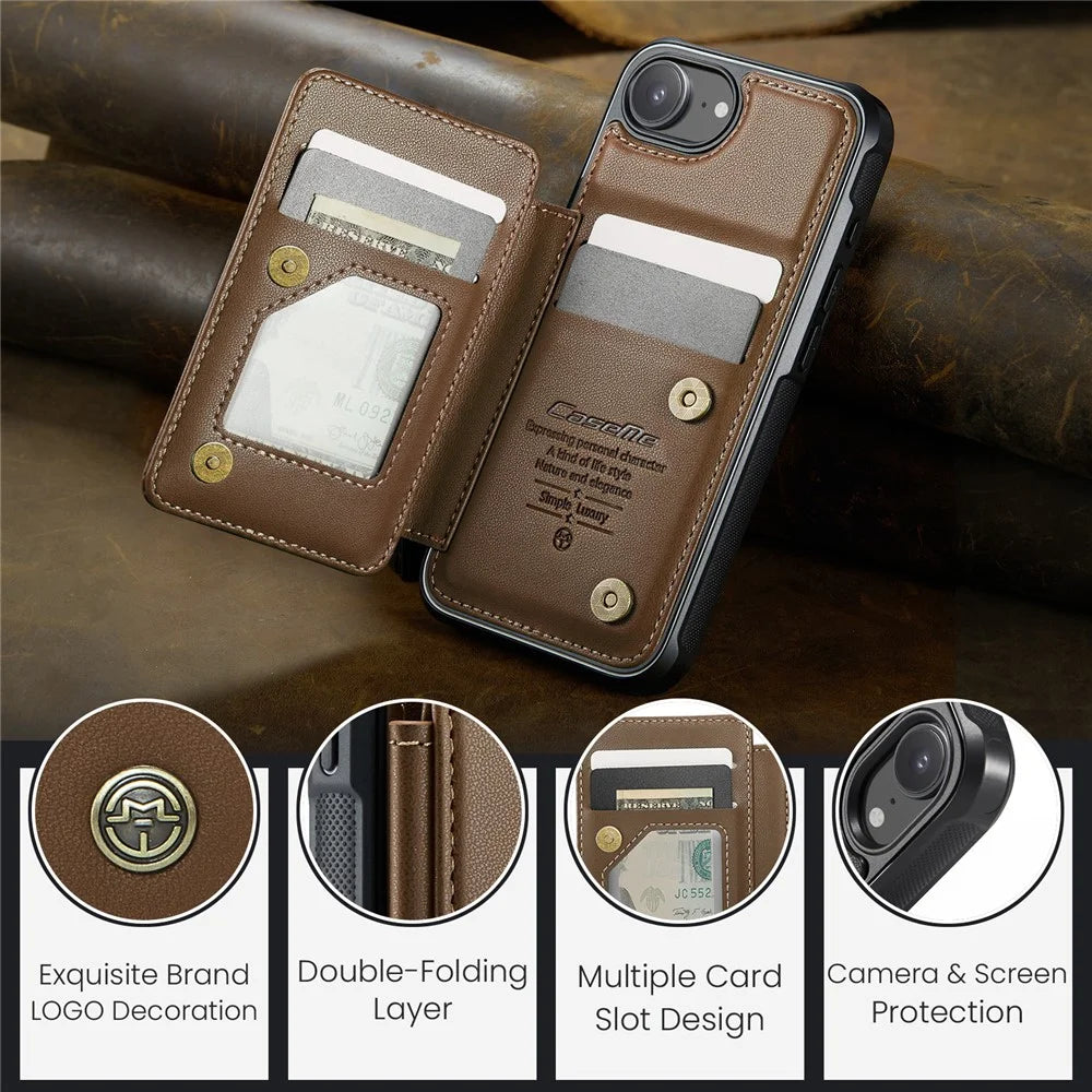 CASEME For iPhone 17e / 16e Phone Case  C22 Leather Back Cover with RFID Blocking Card Slots - Brown - 7