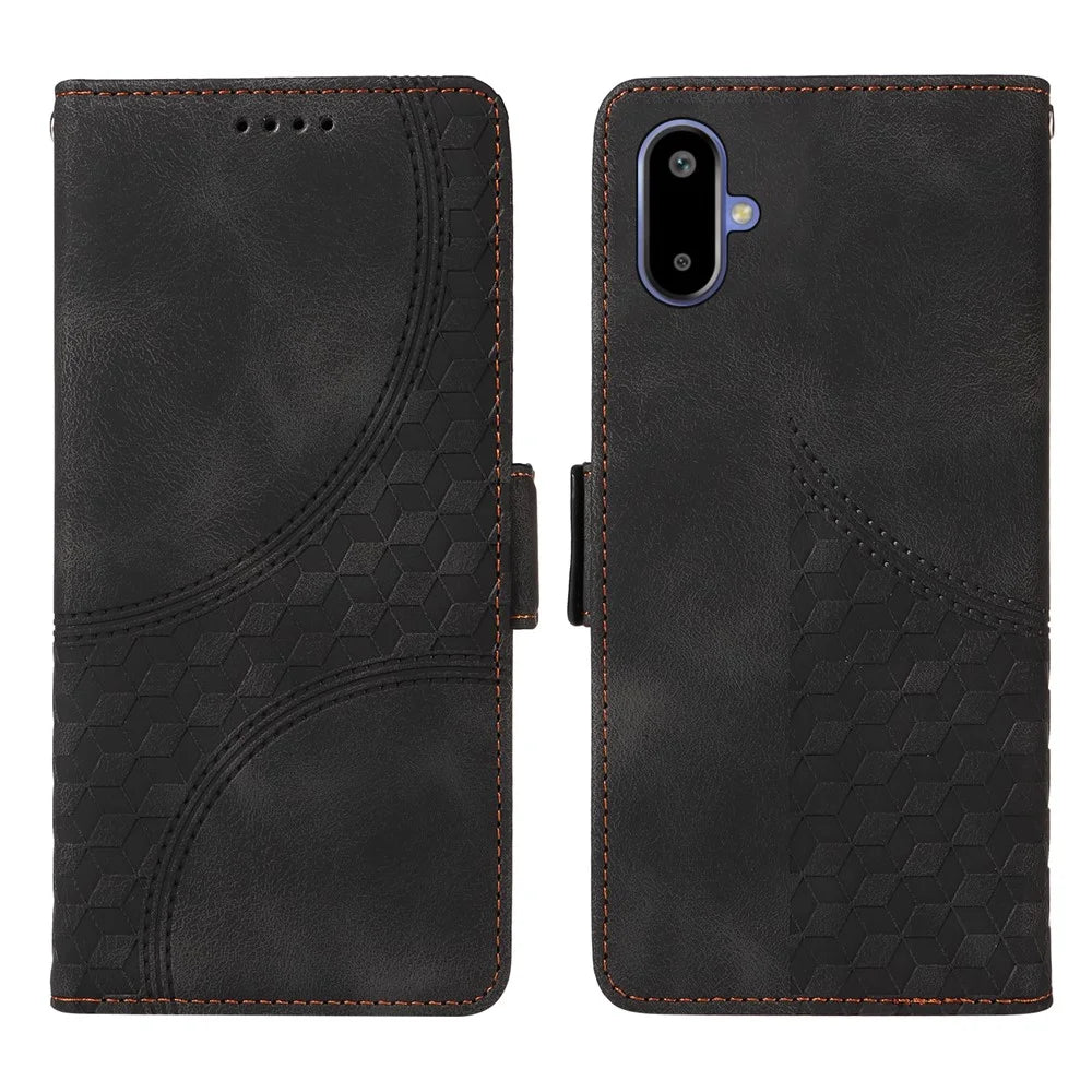 For Samsung Galaxy F06 5G Leather Cases Wallet Rhombus Imprinted Phone Cover Stand with Strap - Black - 1