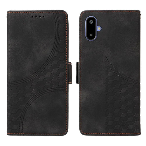 For Samsung Galaxy F06 5G Leather Cases Wallet Rhombus Imprinted Phone Cover Stand with Strap - Black - 1
