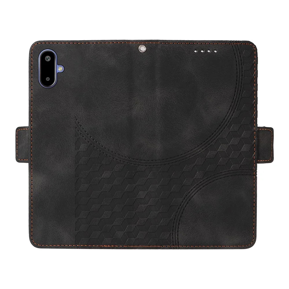 For Samsung Galaxy F06 5G Leather Cases Wallet Rhombus Imprinted Phone Cover Stand with Strap - Black - 2