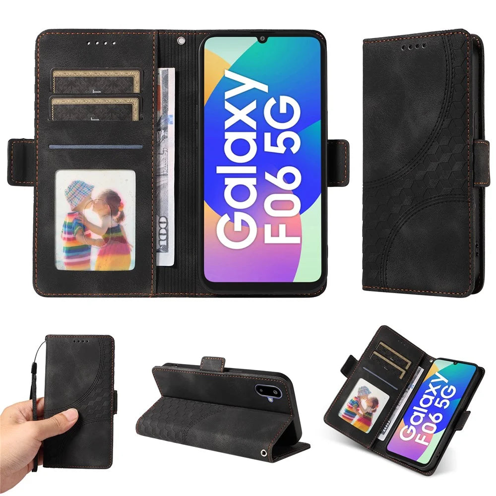 For Samsung Galaxy F06 5G Leather Cases Wallet Rhombus Imprinted Phone Cover Stand with Strap - Black - 3