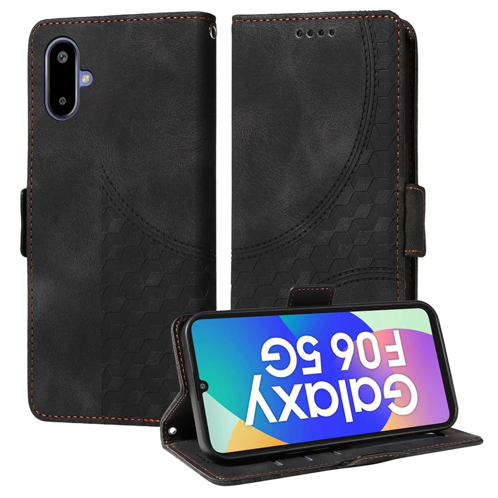 For Samsung Galaxy F06 5G Leather Cases Wallet Rhombus Imprinted Phone Cover Stand with Strap - Black - 4