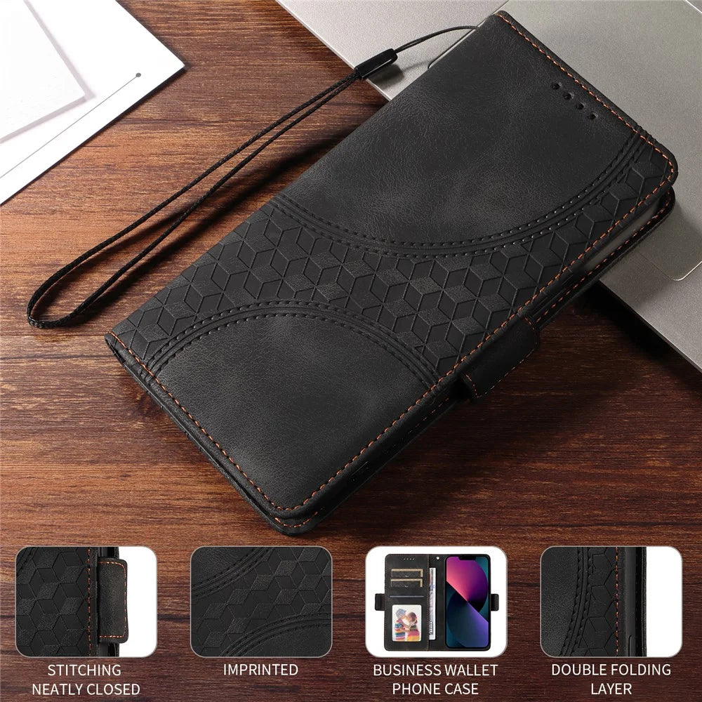For Samsung Galaxy F06 5G Leather Cases Wallet Rhombus Imprinted Phone Cover Stand with Strap - Black - 5