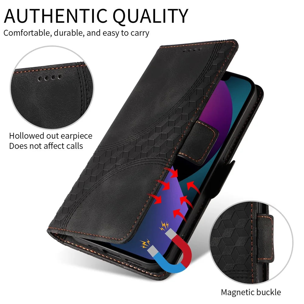 For Samsung Galaxy F06 5G Leather Cases Wallet Rhombus Imprinted Phone Cover Stand with Strap - Black - 7