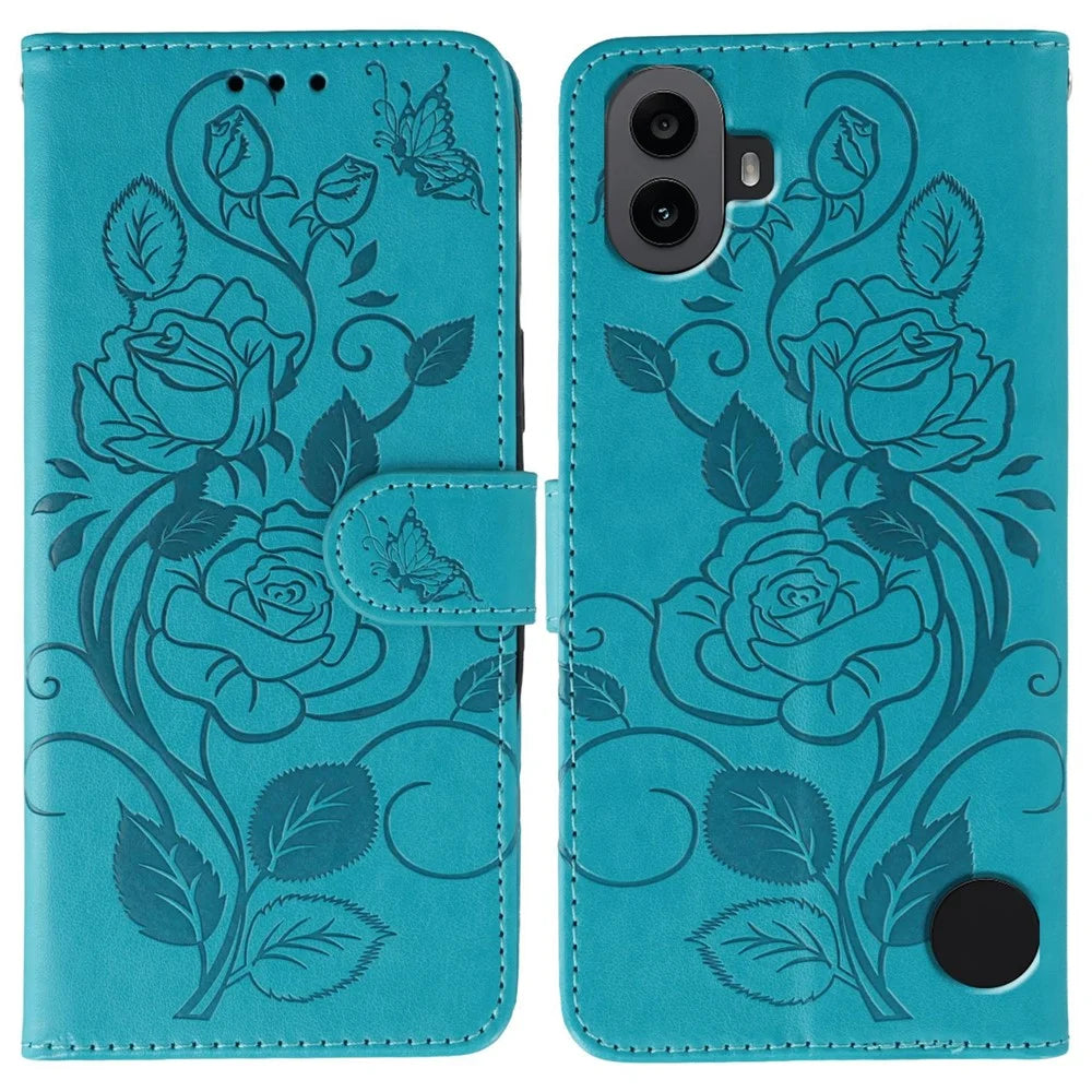 For Nothing CMF Phone 1 Case Wallet Stand Imprinted Rose Butterfly PU Leather Phone Cover - Blue - 1