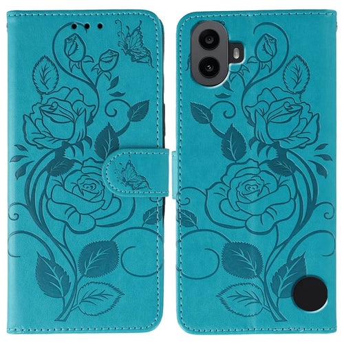 For Nothing CMF Phone 1 Case Wallet Stand Imprinted Rose Butterfly PU Leather Phone Cover - Blue - 1