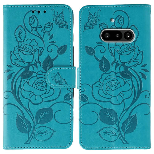 For Nothing Phone (3a) Case Wallet Stand Imprinted Rose Butterfly PU Leather Phone Cover - Blue - 1
