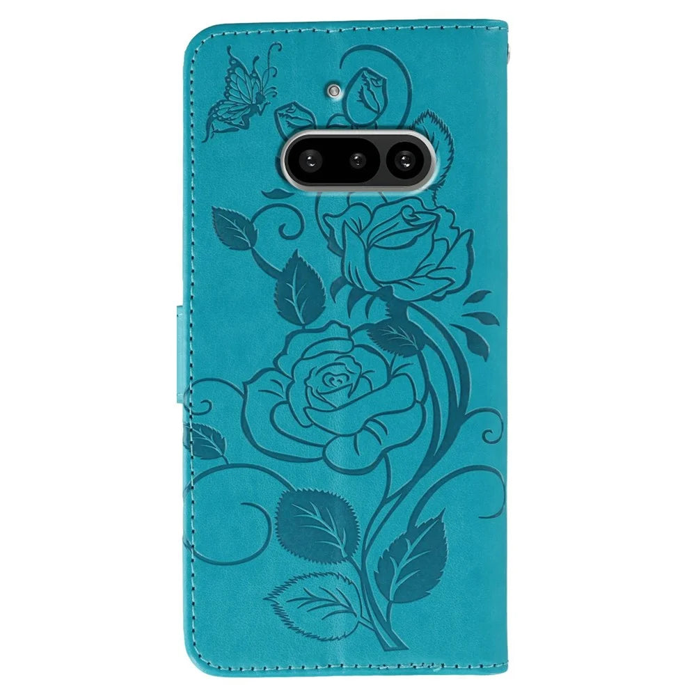 For Nothing Phone (3a) Case Wallet Stand Imprinted Rose Butterfly PU Leather Phone Cover - Blue - 5