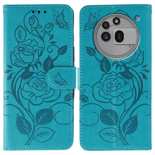 For Nothing Phone (3a) Pro Case Wallet Stand Imprinted Rose Butterfly PU Leather Phone Cover - Blue - 1