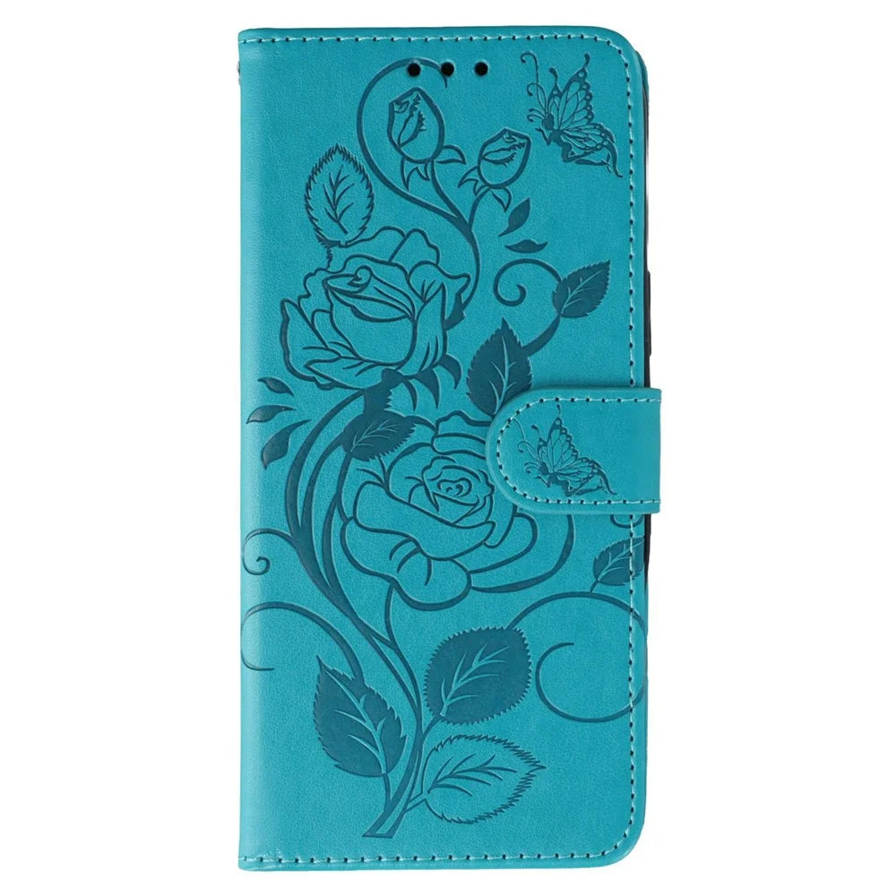 For Nothing Phone (3a) Pro Case Wallet Stand Imprinted Rose Butterfly PU Leather Phone Cover - Blue - 4