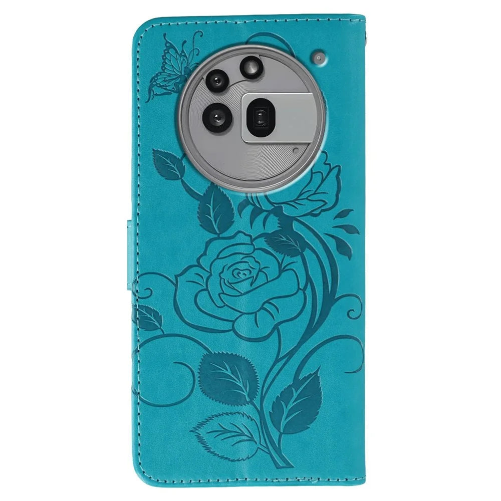 For Nothing Phone (3a) Pro Case Wallet Stand Imprinted Rose Butterfly PU Leather Phone Cover - Blue - 5