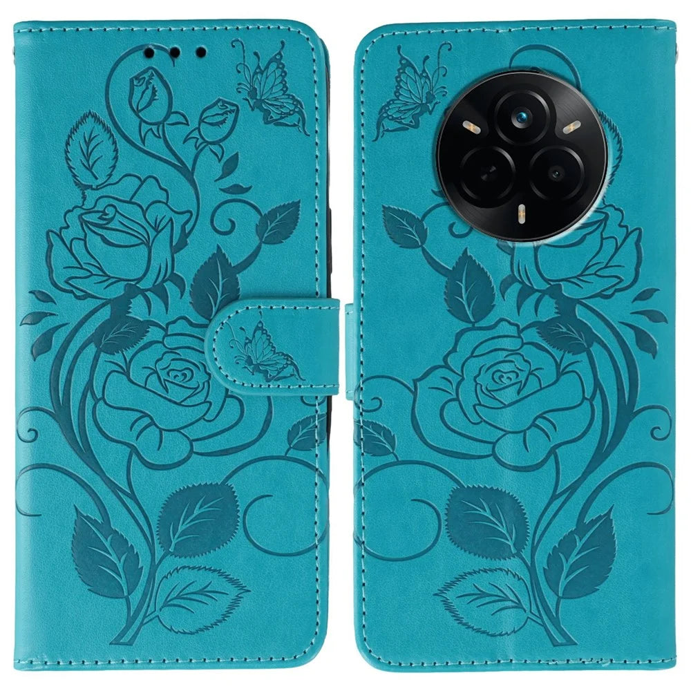 For Realme 14 Pro 5G Case Wallet Stand Imprinted Rose Butterfly PU Leather Phone Cover - Blue - 1