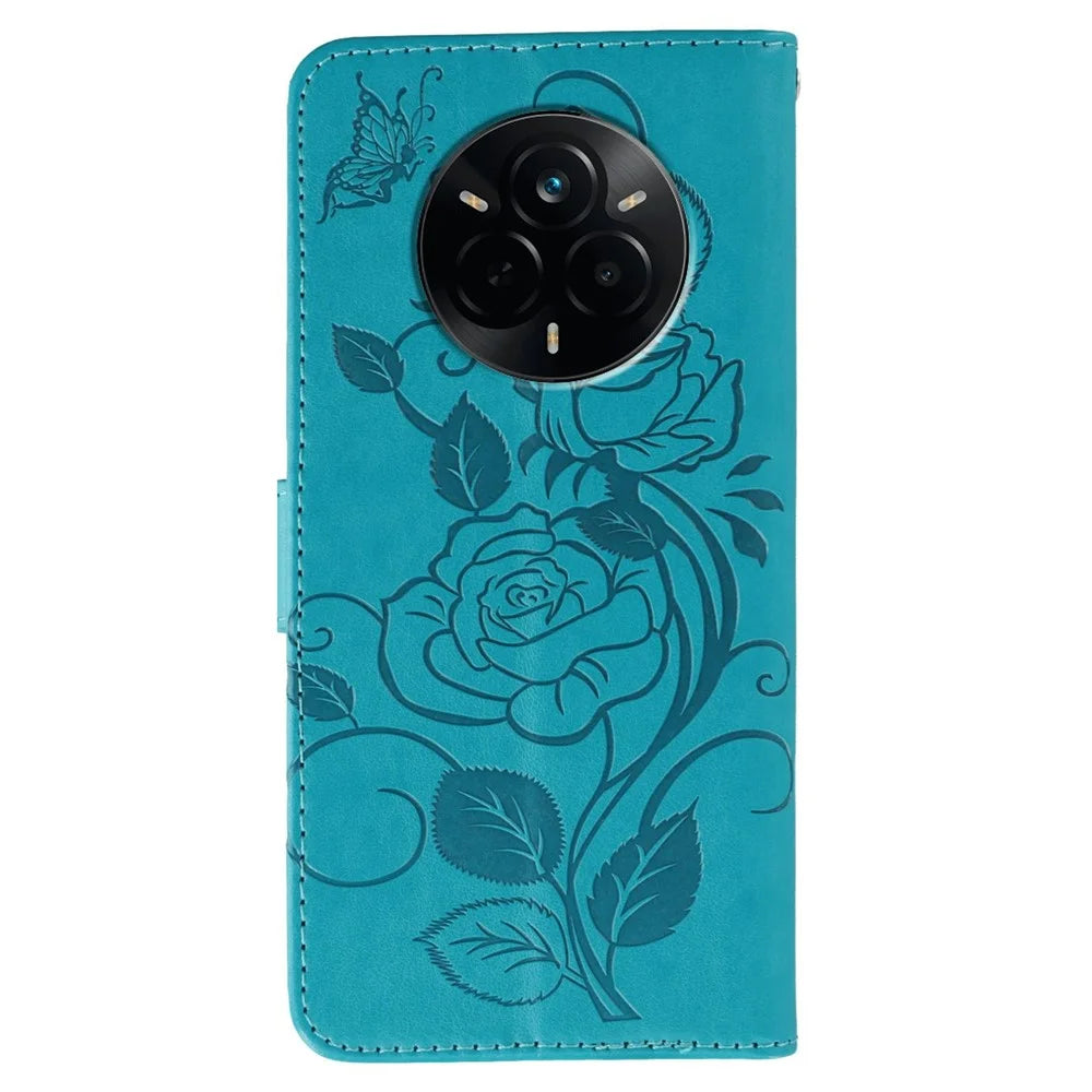 For Realme 14 Pro 5G Case Wallet Stand Imprinted Rose Butterfly PU Leather Phone Cover - Blue - 5