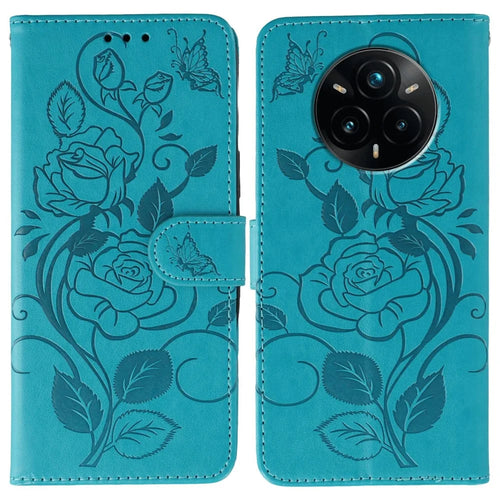 For Realme 14 Pro+ 5G Case Wallet Stand Imprinted Rose Butterfly PU Leather Phone Cover - Blue - 1