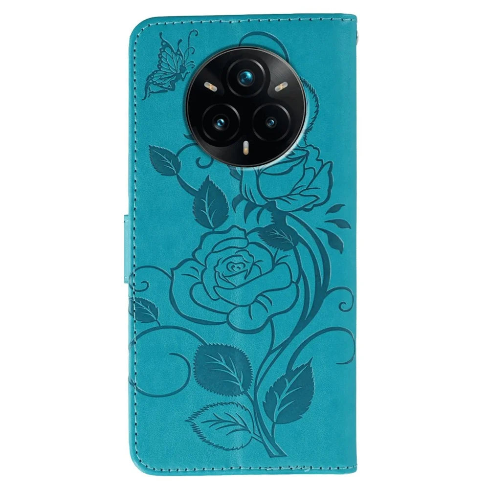 For Realme 14 Pro+ 5G Case Wallet Stand Imprinted Rose Butterfly PU Leather Phone Cover - Blue - 5