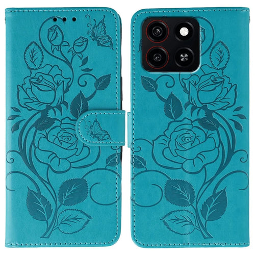 For ZTE Blade A35 Case Wallet Stand Imprinted Rose Butterfly PU Leather Phone Cover - Blue - 1