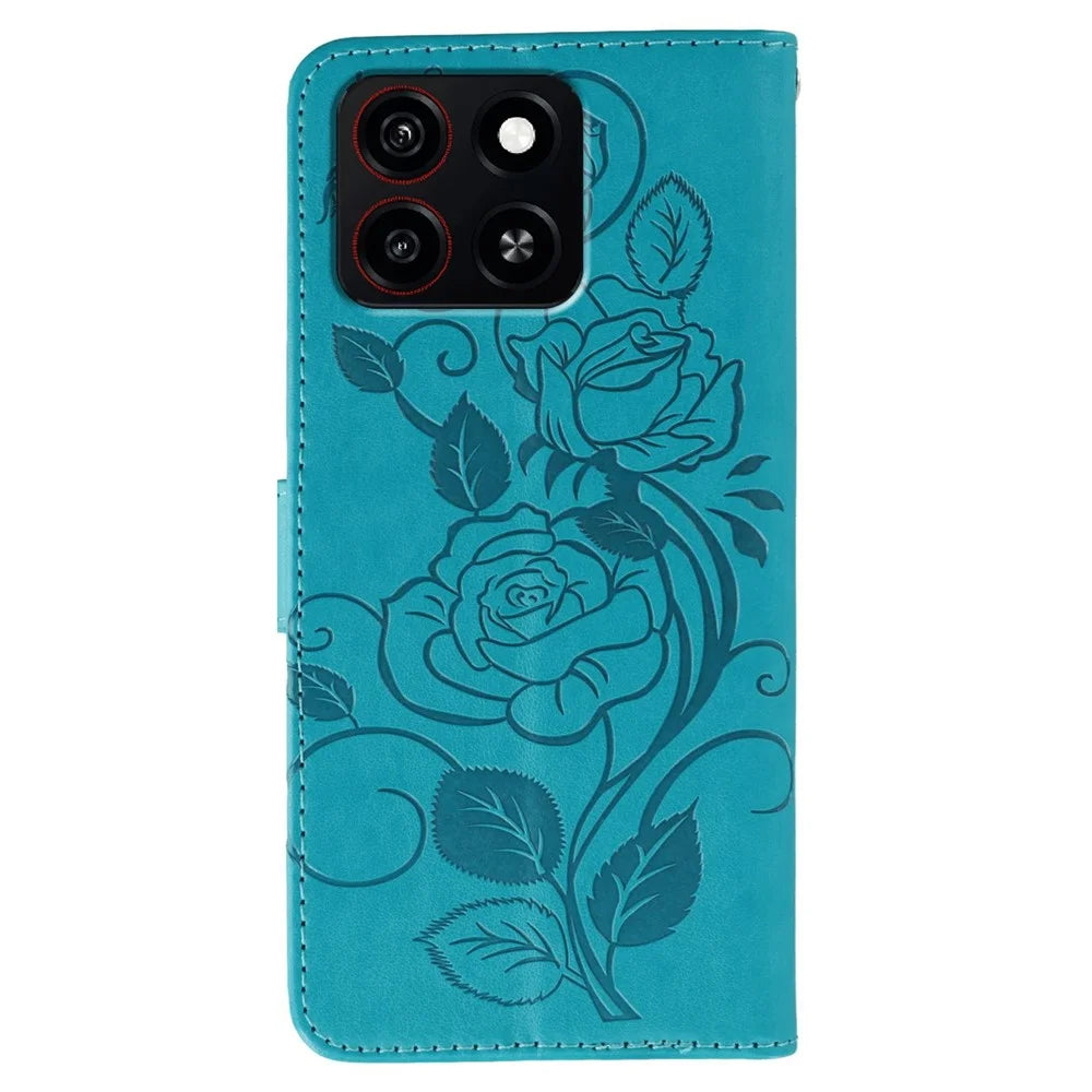 For ZTE Blade A35 Case Wallet Stand Imprinted Rose Butterfly PU Leather Phone Cover - Blue - 5