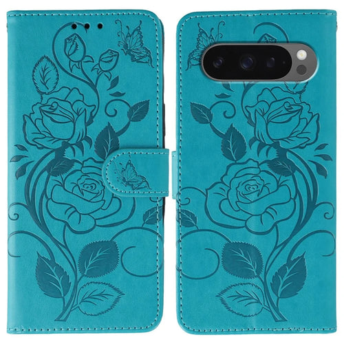 For Google Pixel 10 Pro XL / 9 Pro XL Case Wallet Stand Imprinted Rose Butterfly PU Leather Phone Cover - Blue - 1