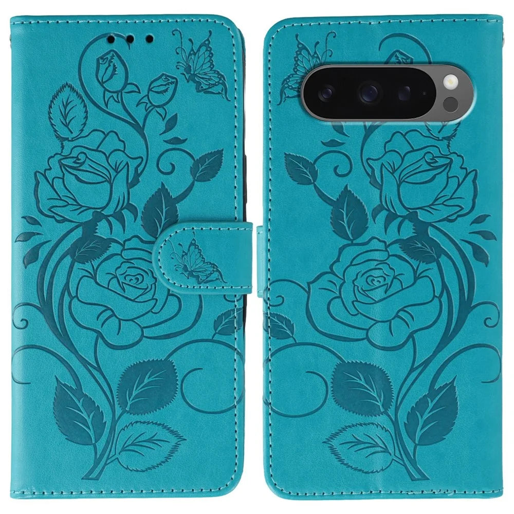 For Google Pixel 10 Pro XL / 9 Pro XL Case Wallet Stand Imprinted Rose Butterfly PU Leather Phone Cover - Blue - 1