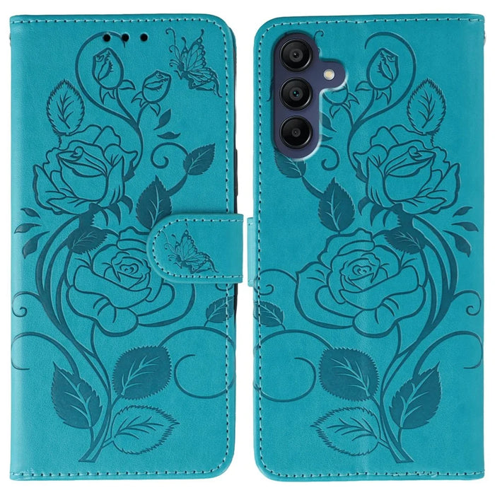 For Samsung Galaxy A06s Case Wallet Stand Imprinted Rose Butterfly PU Leather Phone Cover - Blue - 1
